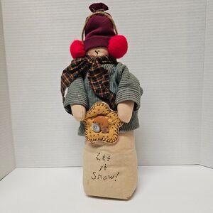 Primitive Handmade Weighted Snowman Doll Earmuffs Let It Snow Christmas 15"